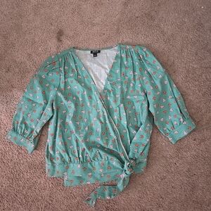 A.N.A linen floral wrap blouse women’s Size Small, Over Size.